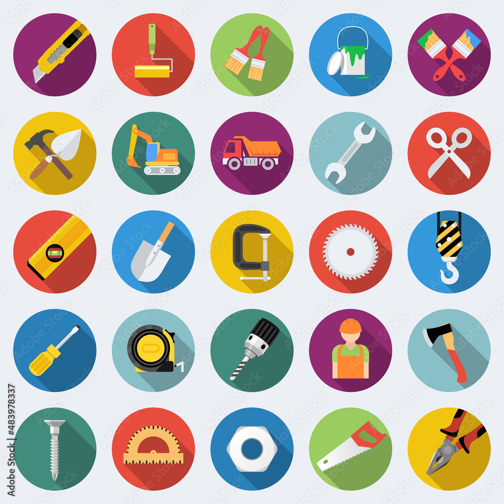 Set of construction icons in flat design with long shadows 