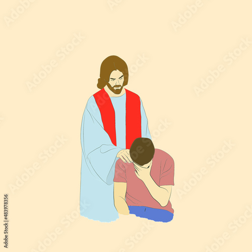 Obraz na plátně Jesus, who heard the prayerful repentance of a man in a burgundy T-shirt
