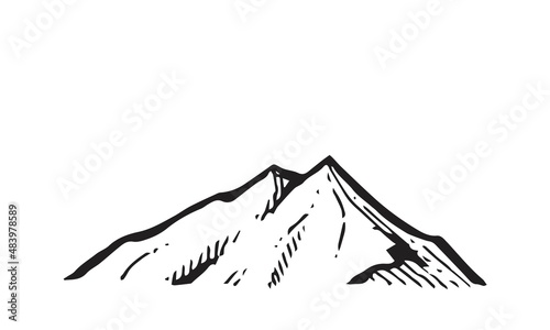 Stone rock from afar. A piece of cliff. In the style of contour engraving. Outline sketch. Hand drawing is isolated on a white background. Vector