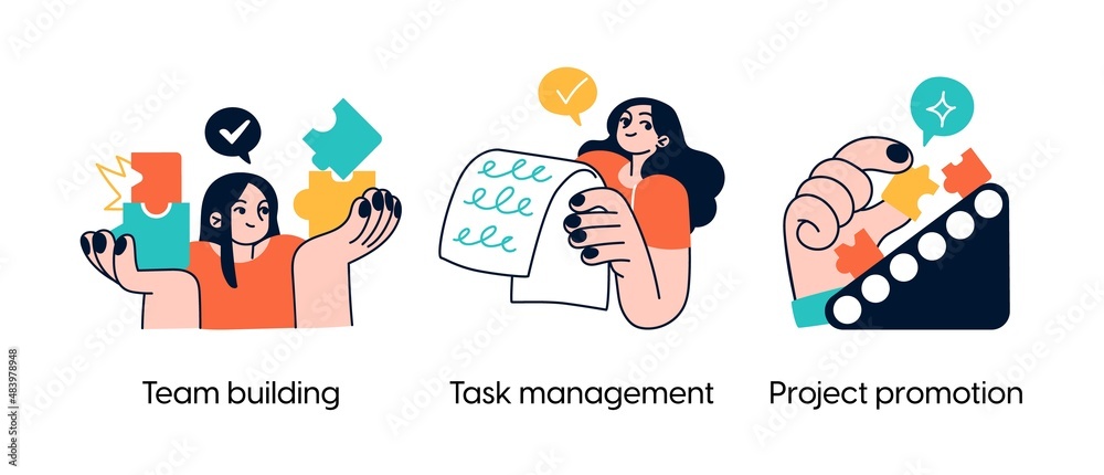 Teamwork organization approaches- set of business concept illustrations. Team building, task management, project promotion. Visual stories collection