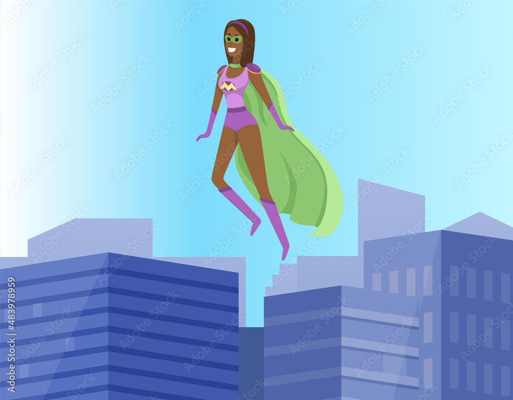 Brave female superhero save world and flies over buildings in city. Strong superwoman in colored suit protects people from villains. Hero has superpowers and defends justice in sky in big city Brave female superhero save world and flies over buildings in city. Strong superwoman in colored suit protects people from villains. Hero has superpowers and defends justice in sky in big city