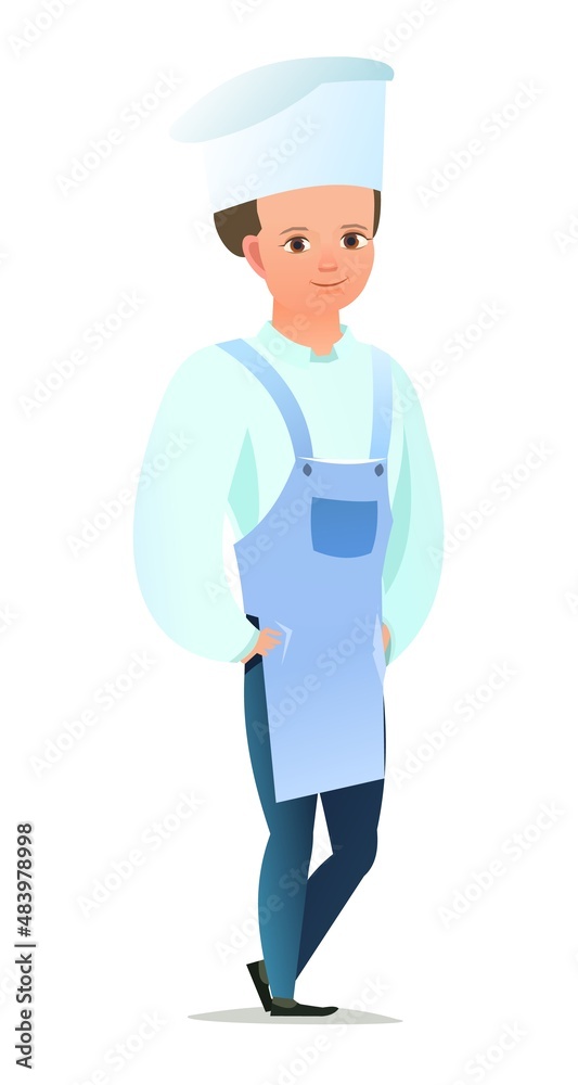 Male cook in overalls. Little boy from kitchen in an apron. Cheerful person. Standing pose. Cartoon comic style flat design. Single character. Illustration isolated on white background. Vector