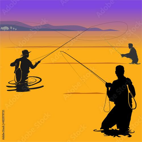 Fly fisherman fishing.graphic fly fishing.fishing at sunset - Vector