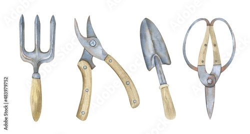 Watercolor garden utensils, vintage garden tools.