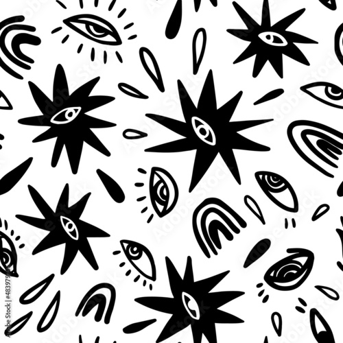 Funny and funky monochrome magical seamless pattern. Stars with eyes, big brother watching, tears, drops, rainbows