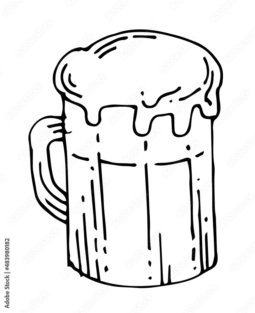 Large glass of beer with foam. Outline sketch. Hand drawing is isolated on a white background. Vector Large glass of beer with foam. Outline sketch. Hand drawing is isolated on a white background. Vector