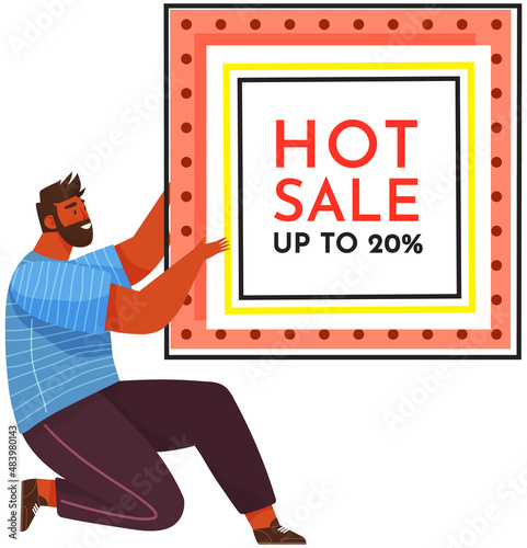 Buy now sale banner. Sale and discounts. Reduction offer vector poster with happy man. New arrival, sale and special offer. Black friday. Big discount with boy pointing hand super price proposition