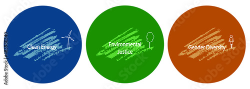 Concept of sustainable development - clean energy, environmental justice, gender diversity in human resorses issues. Vector illustration in three parts, for each factor, textured background, 10 EPS photo