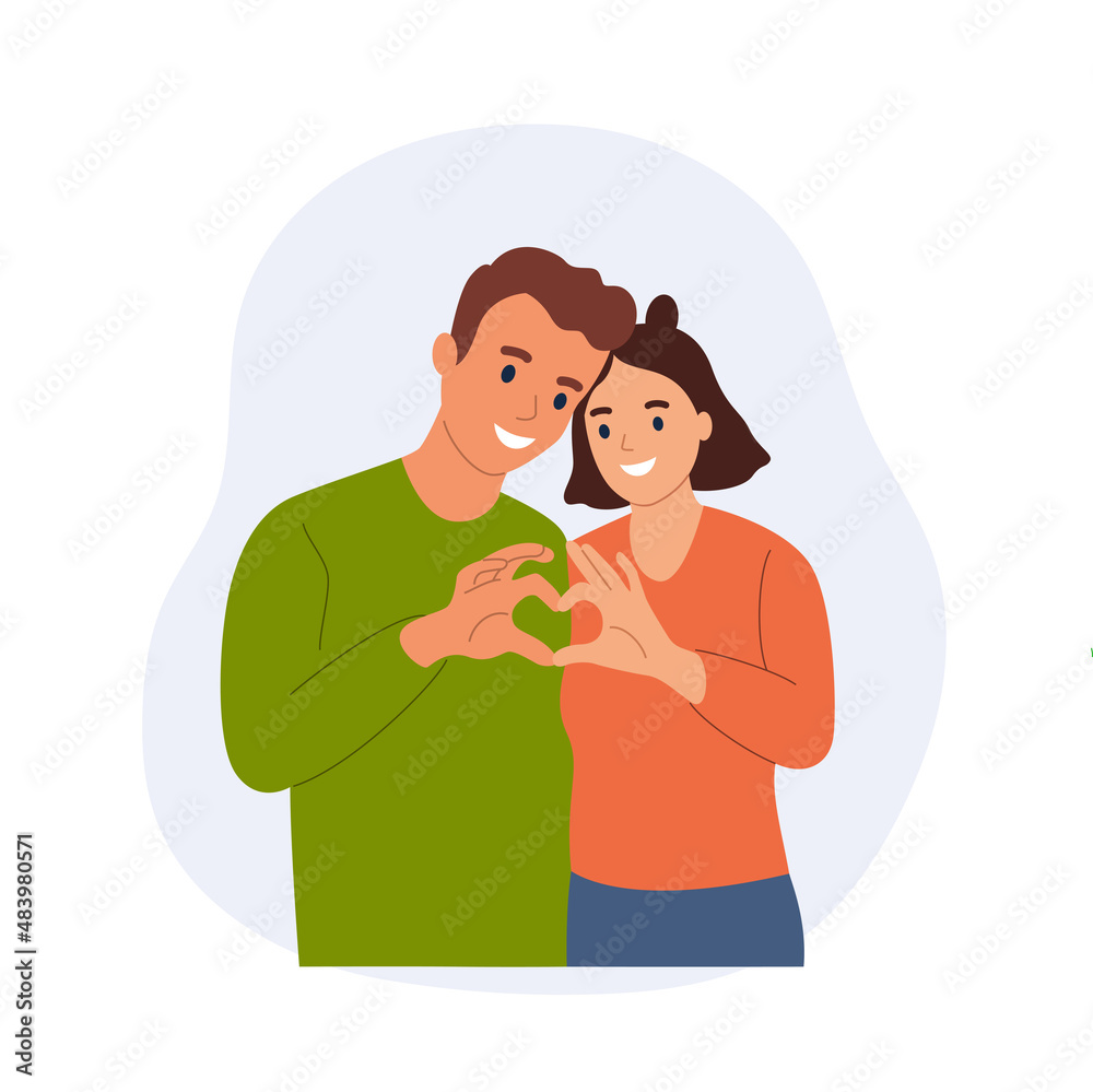 Two hands making heart sign. Valentines day. Couple In Love Hugging. Flat style cartoon vector illustration. Two hands making heart sign. Valentines day. Couple In Love Hugging. Flat style cartoon vector illustration.
