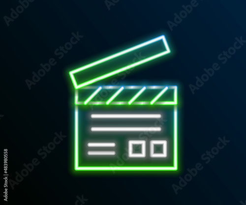 Glowing neon line Movie clapper icon isolated on black background. Film clapper board. Clapperboard sign. Cinema production or media industry. Colorful outline concept. Vector