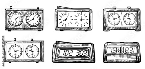 Set Chess clock sketch isolated. Retro classic and electric watches for chess game in hand drawn style.