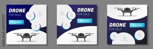 Drone for sale social media post, banner set, flying aircraft product advertisement concept, unmanned flight marketing square ad, abstract print, isolated on background