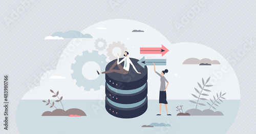 Database system development and server file organization tiny person concept. Content transfer and folders optimization for easy and effective work with data vector illustration. Server info order.