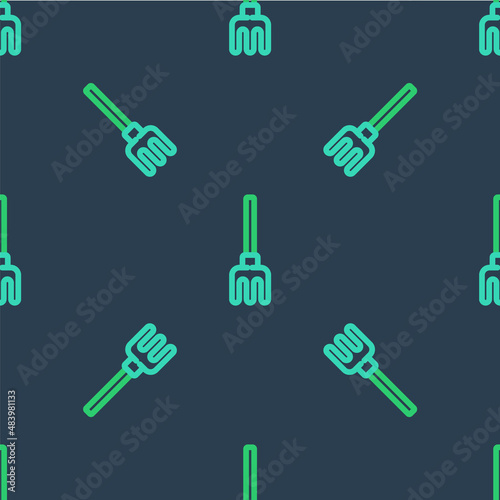 Line Garden rake icon isolated seamless pattern on blue background. Tool for horticulture, agriculture, farming. Ground cultivator. Vector