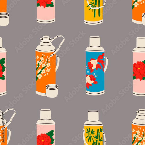 Vintage vacuum bottles. Thermos with aluminum cover and handle. Chinese retro thermo flask. Different patterns on side: flowers, fish, bloom, bamboo. Hand drawn Vector seamless Pattern