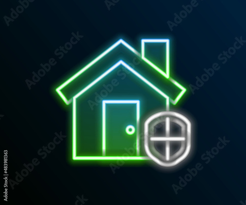 Glowing neon line House under protection icon isolated on black background. Home and shield. Protection, safety, security, protect, defense concept. Colorful outline concept. Vector