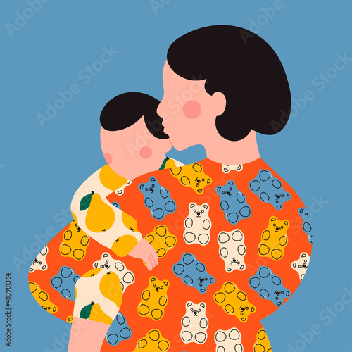 Portrait of Mother holding a baby. Loving family, parenthood, togetherness, childcare concept. Silhouette of a Mother and her kid. Happy Mother's Day card template. Hand drawn Vector illustration
