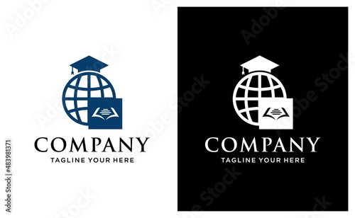 World education vector logo design. Globe with gradation cap and book icon design. on a black and white background.