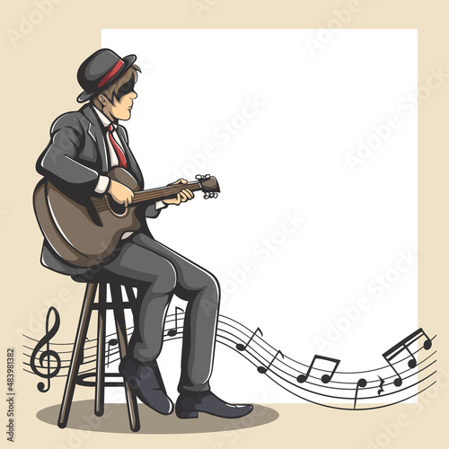 Various music notes on stave, vector illustration. Copy space area. Guitar player.
