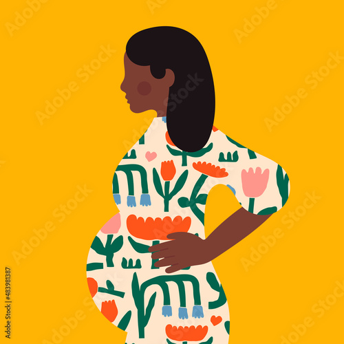 Pregnant woman. Silhouette of a Mother and her baby. Loving family, baby shower, parenthood, pregnancy, childcare concept. Happy Mother's Day card template. Hand drawn square Vector illustration