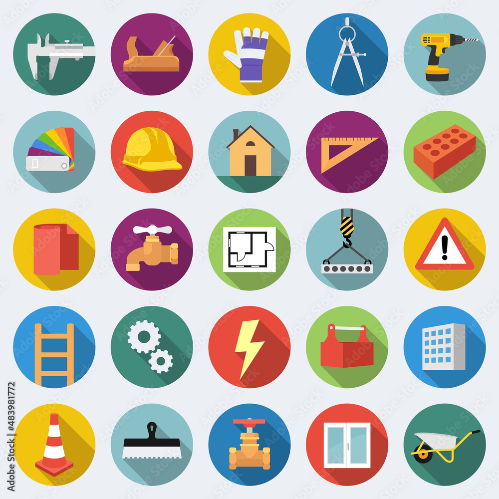 Building and construction icon set in flat design with long shadows