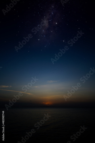 The twilight sky with stars at the lake. © noppharat