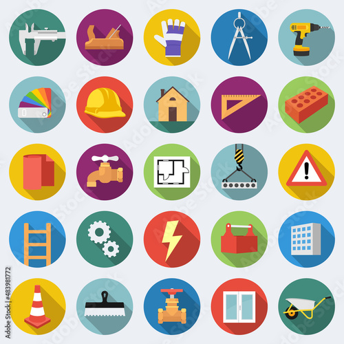 Building and construction icon set in flat design with long shadows