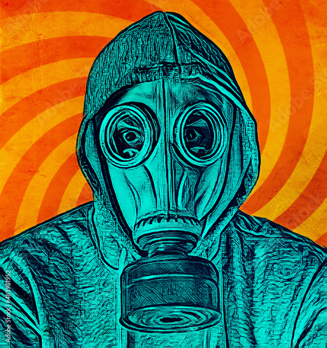 Ecological catastrophy. Post apocalyptic survivor in gas mask 