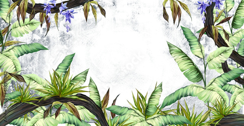 tropiki na białym tle akwareli z małymi kroplami kropli, liście artystyczne namalowane na fakturze, fototapety we wnętrzu