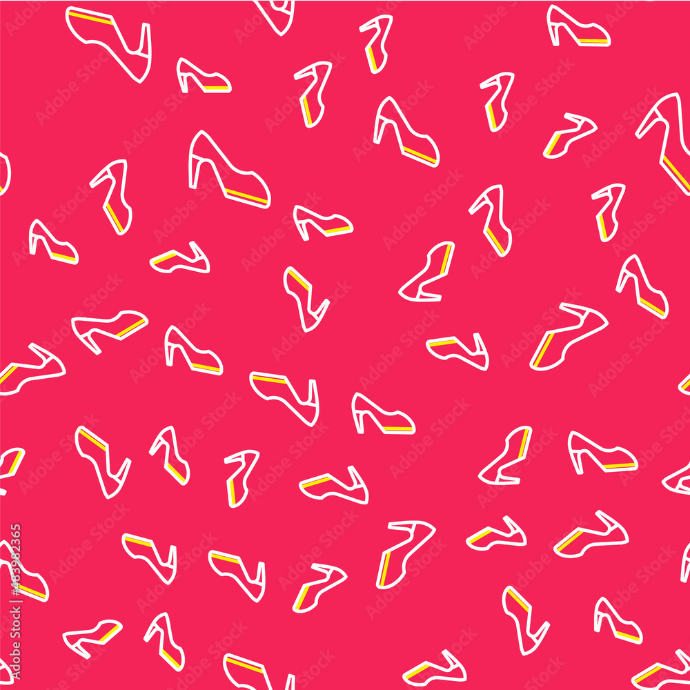 Line Woman shoe with high heel icon isolated seamless pattern on red background. Vector Line Woman shoe with high heel icon isolated seamless pattern on red background. Vector