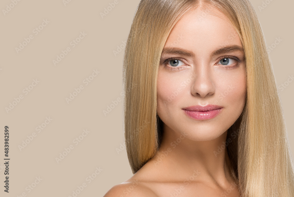 Long smooth hair beauty woman portrait blonde hairstyle. Touching her face. Color background. Brown. Long smooth hair beauty woman portrait blonde hairstyle. Touching her face. Color background. Brown.