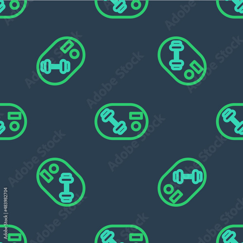 Line Fitness club, gym card icon isolated seamless pattern on blue background. Vector