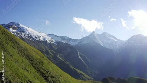 Drone revealing epic mountain scenery (Grossglockner region, Austrian Alps) photo