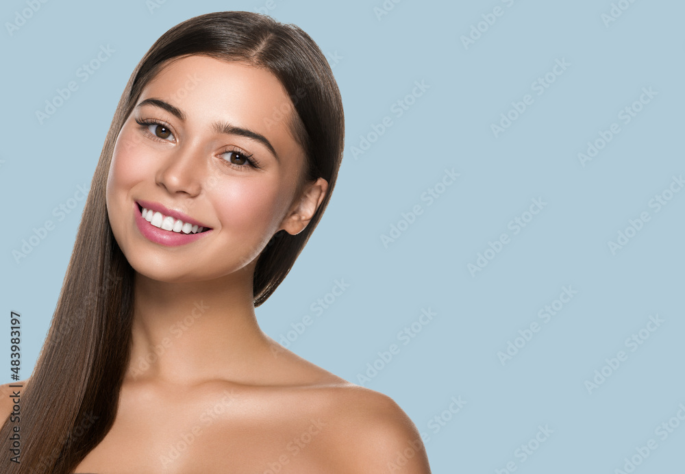 Smooth hair woman long hair beauty girl with pink lips. Color background. Blue