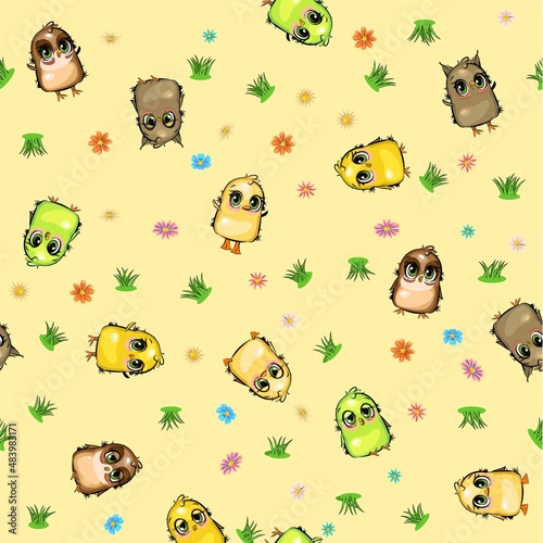 Fototapeta Naklejka Na Ścianę i Meble -  Bird chicks. Amusing cute funny kids. Duckling and owl. Parrot and sparrow. Background picture. Seamless yellow pattern. Vector