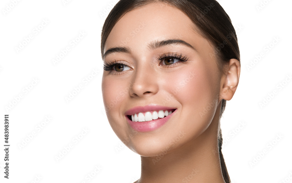 Beautiful freckles woman healthy skin, hair brunette hairstyle concept. Isolated on white. Beautiful freckles woman healthy skin, hair brunette hairstyle concept. Isolated on white.