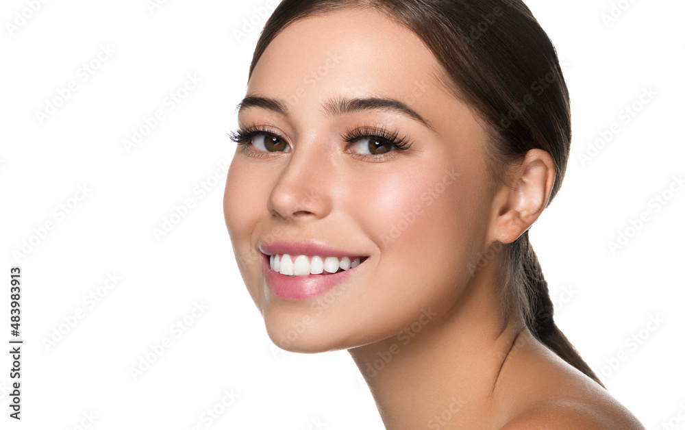 Beautiful freckles woman healthy skin, hair brunette hairstyle concept. Isolated on white. Beautiful freckles woman healthy skin, hair brunette hairstyle concept. Isolated on white.