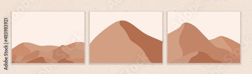 Modern Abstract Landscape Clipart in Bohemian Style. Terracotta Mountains, Desert Hills in Modern Neutral Brown and Beige Colors