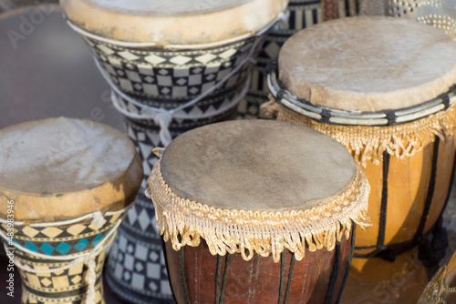 Фотография Set of african musical instrument, djembe drum.