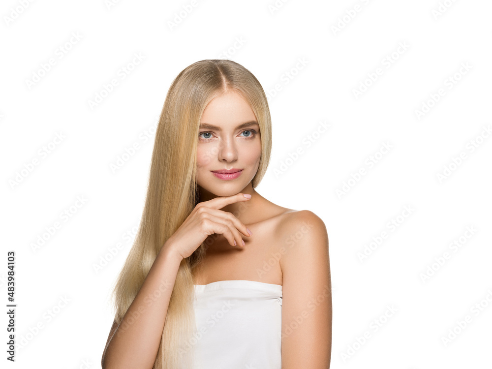 Long smooth hair woman portrait blonde hairstyle. Touching cheek, chin. Isolated on white.