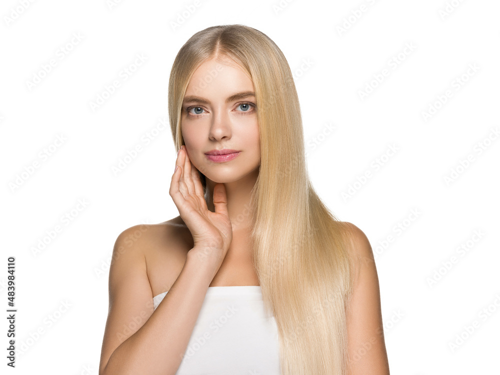 Long smooth hair beauty woman portrait blonde hairstyle healthy hair skin. Isolated on white. Long smooth hair beauty woman portrait blonde hairstyle healthy hair skin. Isolated on white.