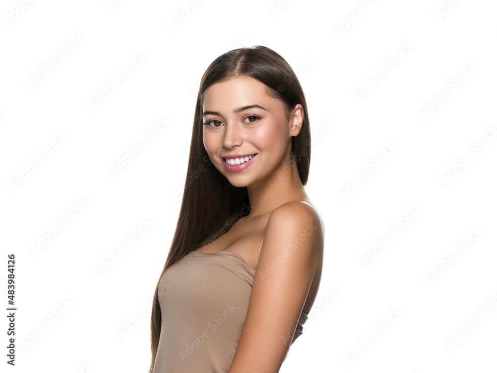 Smooth hair woman long hair beauty girl with pink lips. Isolated on white. Smooth hair woman long hair beauty girl with pink lips. Isolated on white.