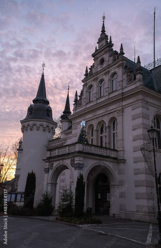 Jelcz-Laskowice, Poland - January 16, 2022. Jelcz-Laskowice palace. Nice castle. Now Headquarters of the Municipality. Lower Silesian Voivodeship. Selective focus.