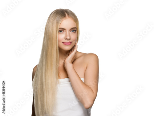 Long smooth hair beauty woman portrait blonde hairstyle. Touching her face. Isolated on white.