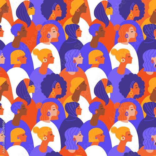 International women's day seamless pattern. Crowd of multinational girls in different multicolored clothes. Female diverse faces of different ethnicity. Women empowerment movement concept. Flat vector