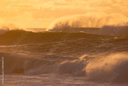 Misty Sunset over Waves on North Shore of Oahu