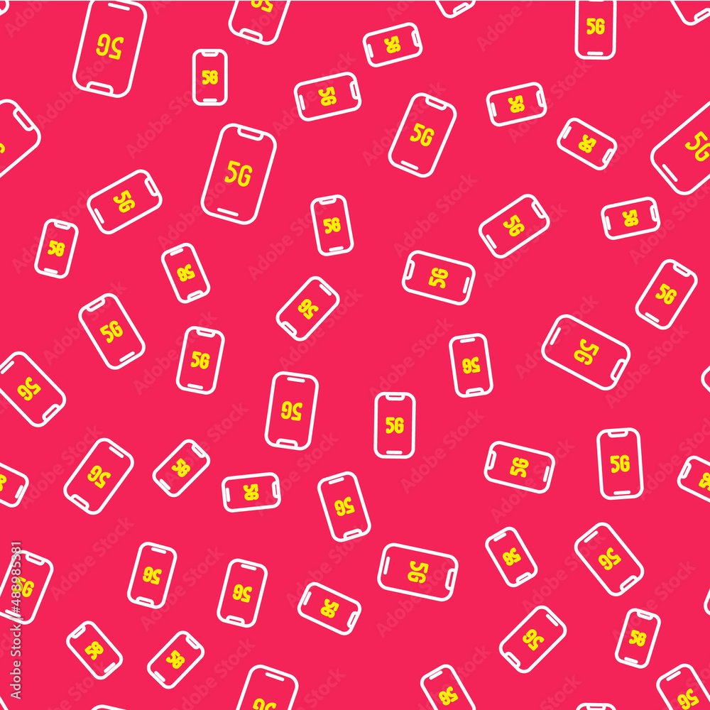 Line Mobile with 5G new wireless internet wifi icon isolated seamless pattern on red background. Global network high speed connection data rate technology. Vector