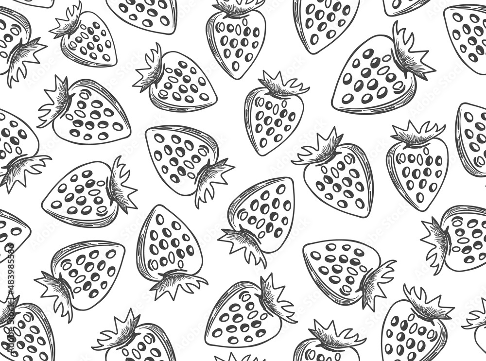 Food vector seamless pattern with pencil hand drawn strawberries