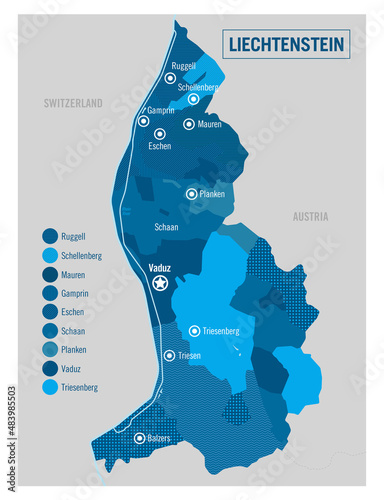 Liechtenstein country political map. Detailed vector illustration with isolated states, regions and cities easy to ungroup. 