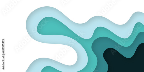 Abstract color papers geometry flat lay composition banner background with light blue, green and pastel blue tones. Abstract green paper cut wave background. Textured pattern for websites, banners.